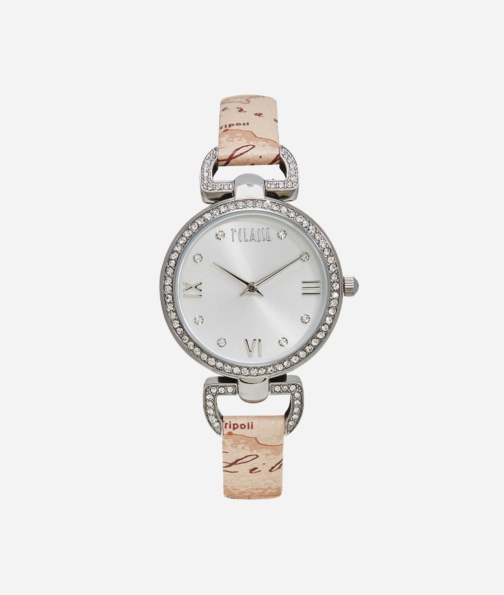 Madagascar watch with leather strap and crystals Geo Beige,front