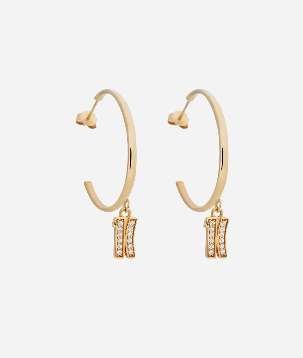 Fifth Avenue silver hoop earrings with 1C logo in white zircons dipped in Yellow Gold,front