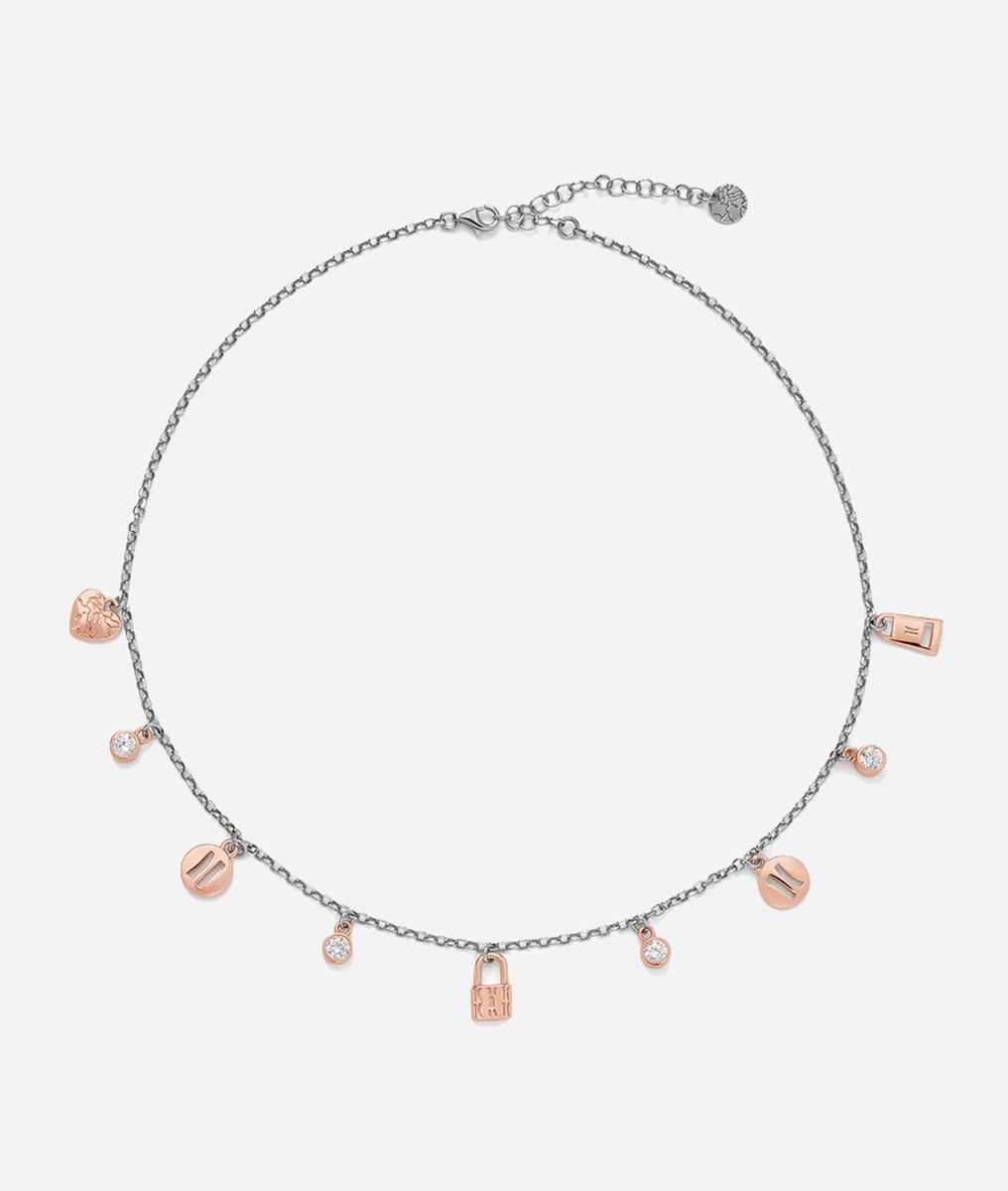 Rambla necklace with rose gold plated charms in Silver,front