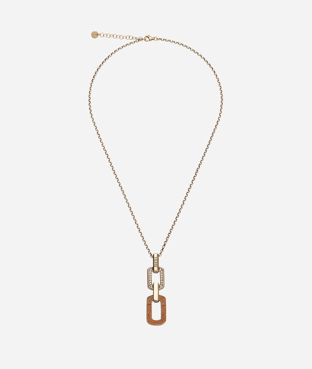 Rodeo Drive pendant necklace with white zircons and Geo print leather insert dipped in Yellow Gold,front