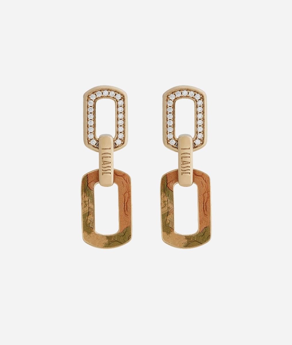 Rodeo Drive pendant earrings with white zircons and Geo print leather insert dipped in Yellow Gold,front