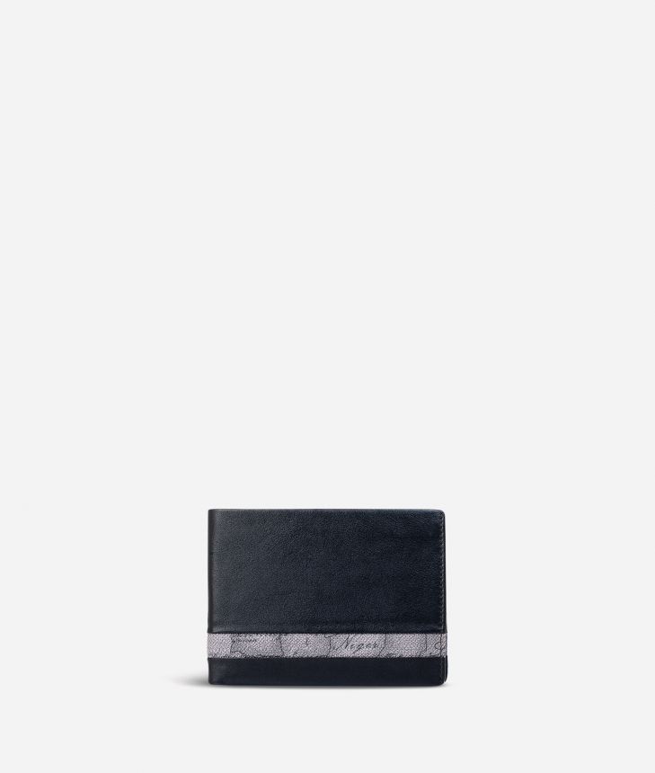 Medium leather wallet Geo Dark fabric trims,front
