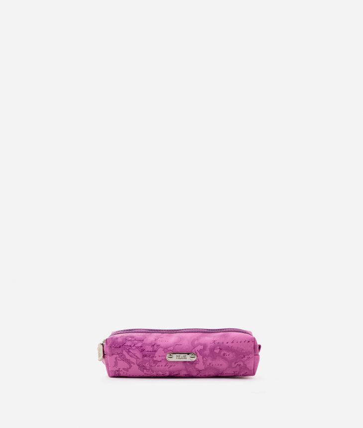 Travel pouch in mauve rubberized fabric,front
