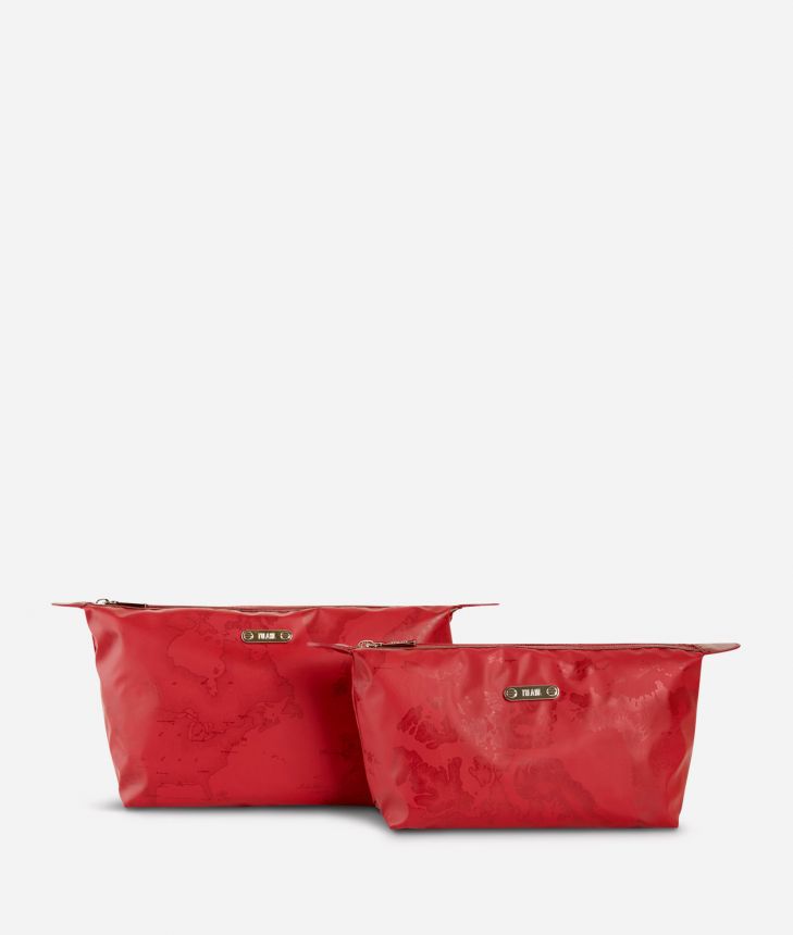 Medium-small make-up bag set in red Geo fabric,front