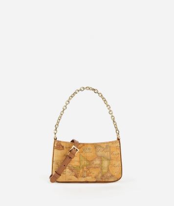Clutch bag with shoulder strap in Geo Classic printed fabric Natural