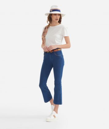 Jeans 5 tasche trombetta in denim stretch Blu Medio