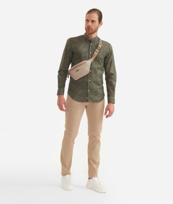 Slim fit cotton shirt with stand-up collar Military Green