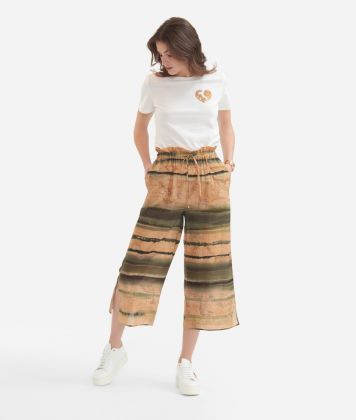 Organic cotton voile cropped trousers with Taormina print Natural