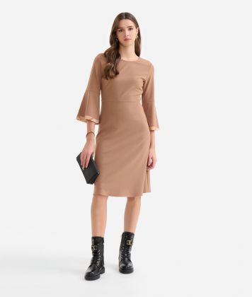 Stretch fabric bell-sleeved dress Camel