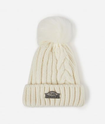 Wool blend beanie with braid cable detail and pom-pom Milk White