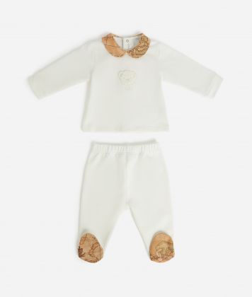Cotton jumpsuit set with teddy bear embroidery White