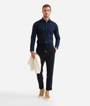 Camicia slim fit in cotone con toppe Blu Navy