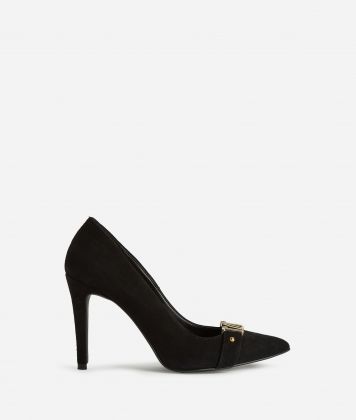 Suede pumps with lettering detail Black
