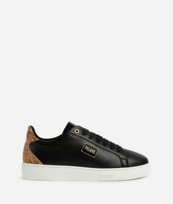 Faux nappa leather sneakers with logo plaque Black