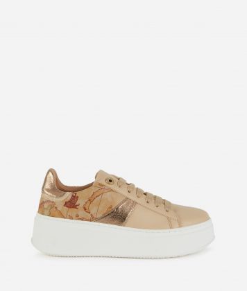 Faux nappa sneakers with laminated fabric inserts Beige