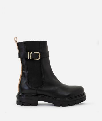 Smooth leather beatles boots with logo buckle Black
