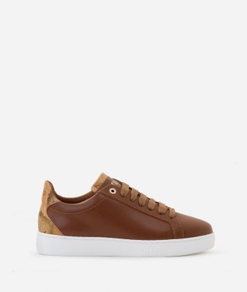 Smooth leather sneakers with faux nappa insert Chestnut