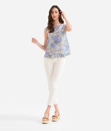 Organic cotton poplin sleeveless top with frills Geo Multistripe Blue