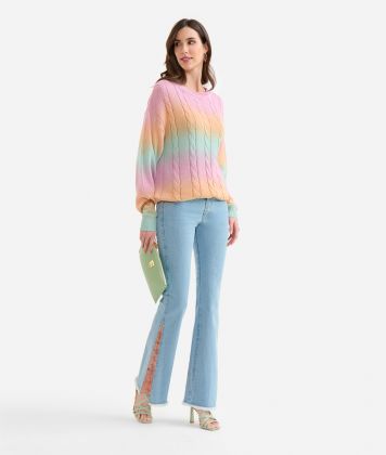 Cotton yarn gradient print crew-neck sweater Multicolor