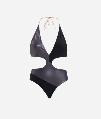 Color Block Satin one-piece swimsuit Black