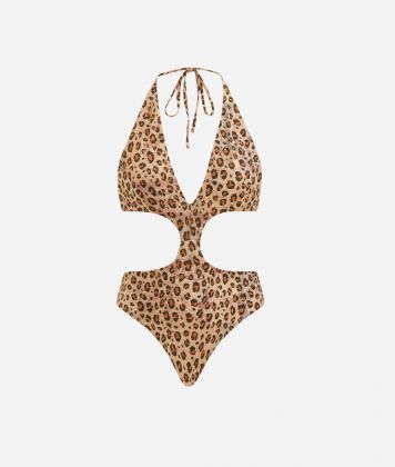 Geo Animalier one-piece swimsuit with lateral cuts Natural