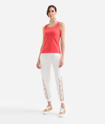 Stretch cotton jersey sleeveless top with strap knots Coral 