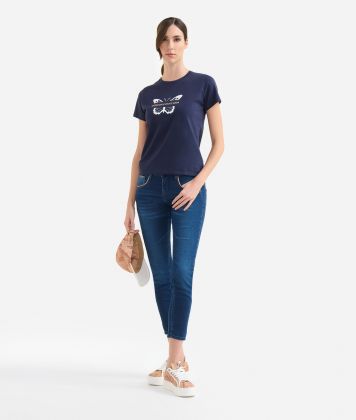 T-shirt basic con logo in jersey di cotone stretch Blu Scuro