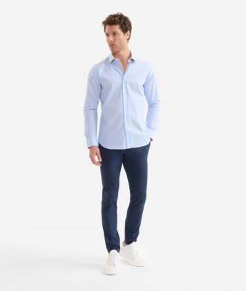 Slim fit striped cotton shirt with elbow patches Light Blue