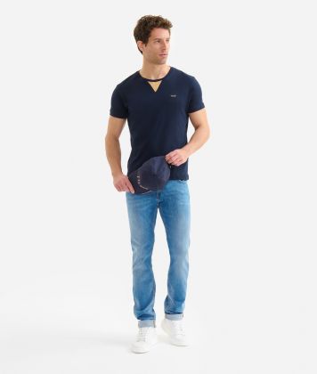 Cotton t-shirt with Geo Classic neckline detail Navy Blue