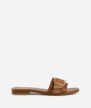Smooth leather slip-on sandals with jeweled buckle Leather Brown