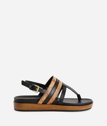 Smooth leather wedge thong sandals Black