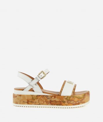 Smooth leather wedge sandals with enameled tag White