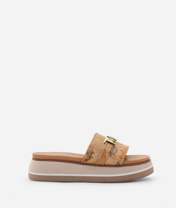 Geo Classic napa-effect wedge sandals with maxi logo Natural