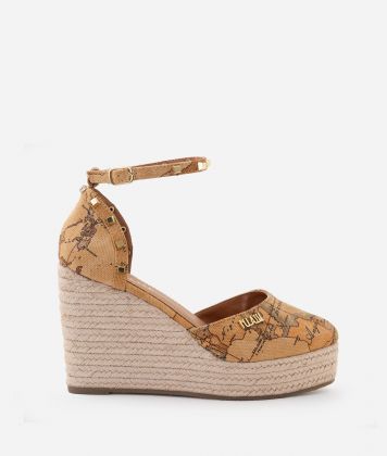 Canvas wedge sandals with Geo Classic print Natural