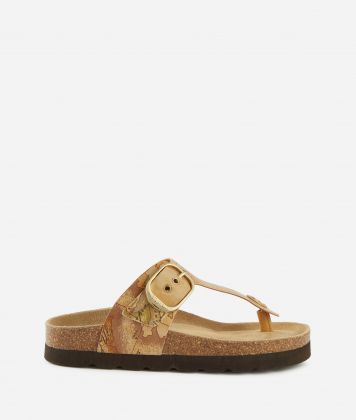Napa-effect thong sandals with Geo Classic print Natural