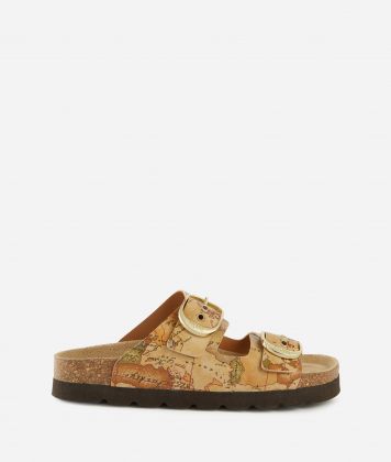 Napa-effect two-strap sandals with Geo Classic print Natural