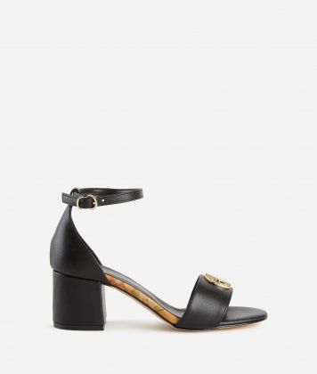 Smooth leather mid-heel sandals with 1C detail Black