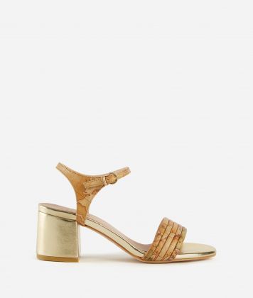 Napa-effect mid-heel sandals with Geo Classic print Natural