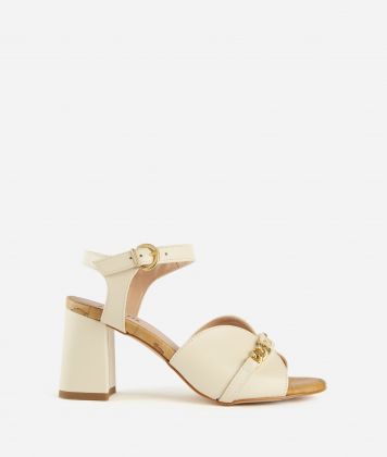 Smooth leather mid-heel sandals with chain horsebit Shell White