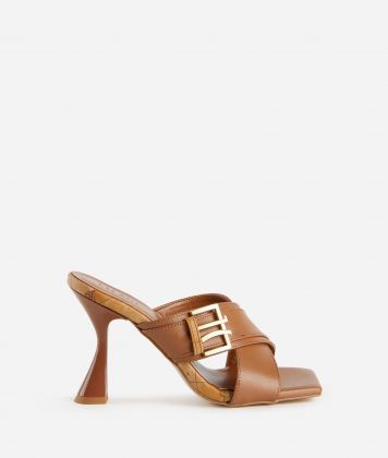 Smooth leather high-heel mules with square 1C detail Leather Brown