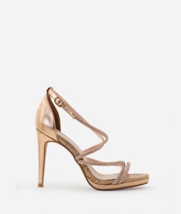 Metallic-finish fabric high-heel sandals with rhinestones Rose Gold
