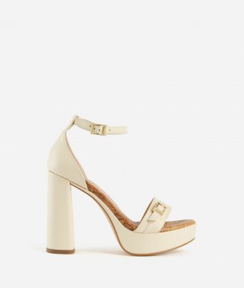 Smooth leather high-heel sandals with 1C buckle Shell White
