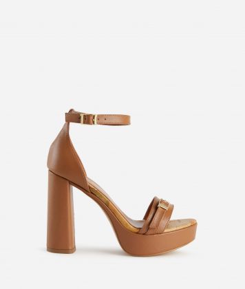 Smooth leather high-heel sandals with 1C buckle Leather Brown