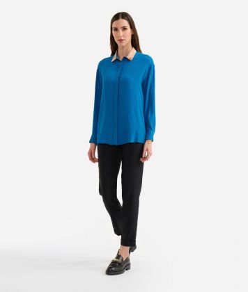 Crêpe de chine shirt with Geo Classic collar Prussian Blue Crêpe de chine shirt with Geo Classic collar Prussian Blue