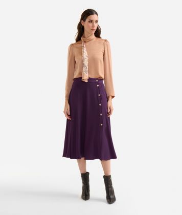 Fluid satin blouse with Geo Classic print scarf detail Camel
