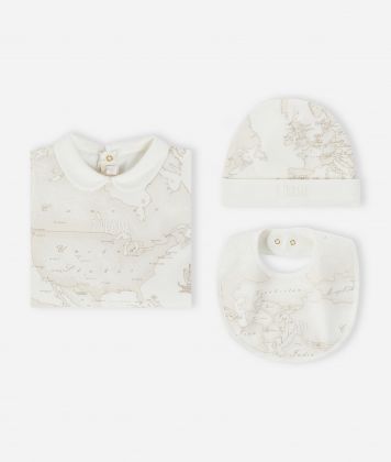 Kit con tutina, bavaglino e cappellino Geo White