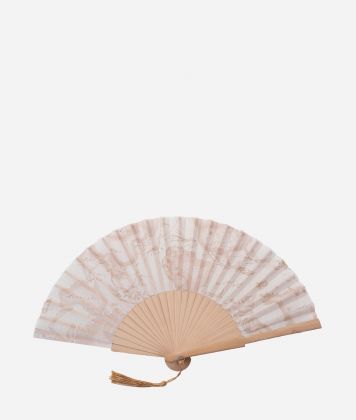 Silk folding fan with tassel Geo White
