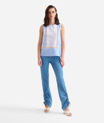 Stretch cotton poplin top with macramé trim Light Blue