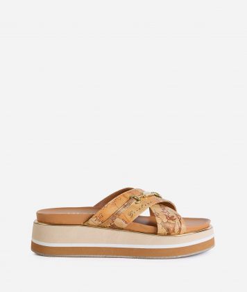 Napa-effect fabric cross strap sandals with enamel horsebit Geo Classic Napa-effect fabric cross strap sandals with enamel horsebit Geo Classic