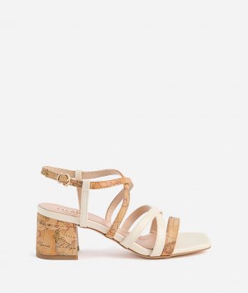 Smooth leather and Geo Classic print napa-effect fabric high-heel sandals Seashell